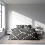 Bedding Set „Infiniel“. Bedding sets 135x200, 140x200 cm, 160x200 cm, 200x200 cm, 200x220 cm, 220x240 cm. Close-up of dark grey bedding with intersecting white lines, showcasing the dynamic and artistic pattern.