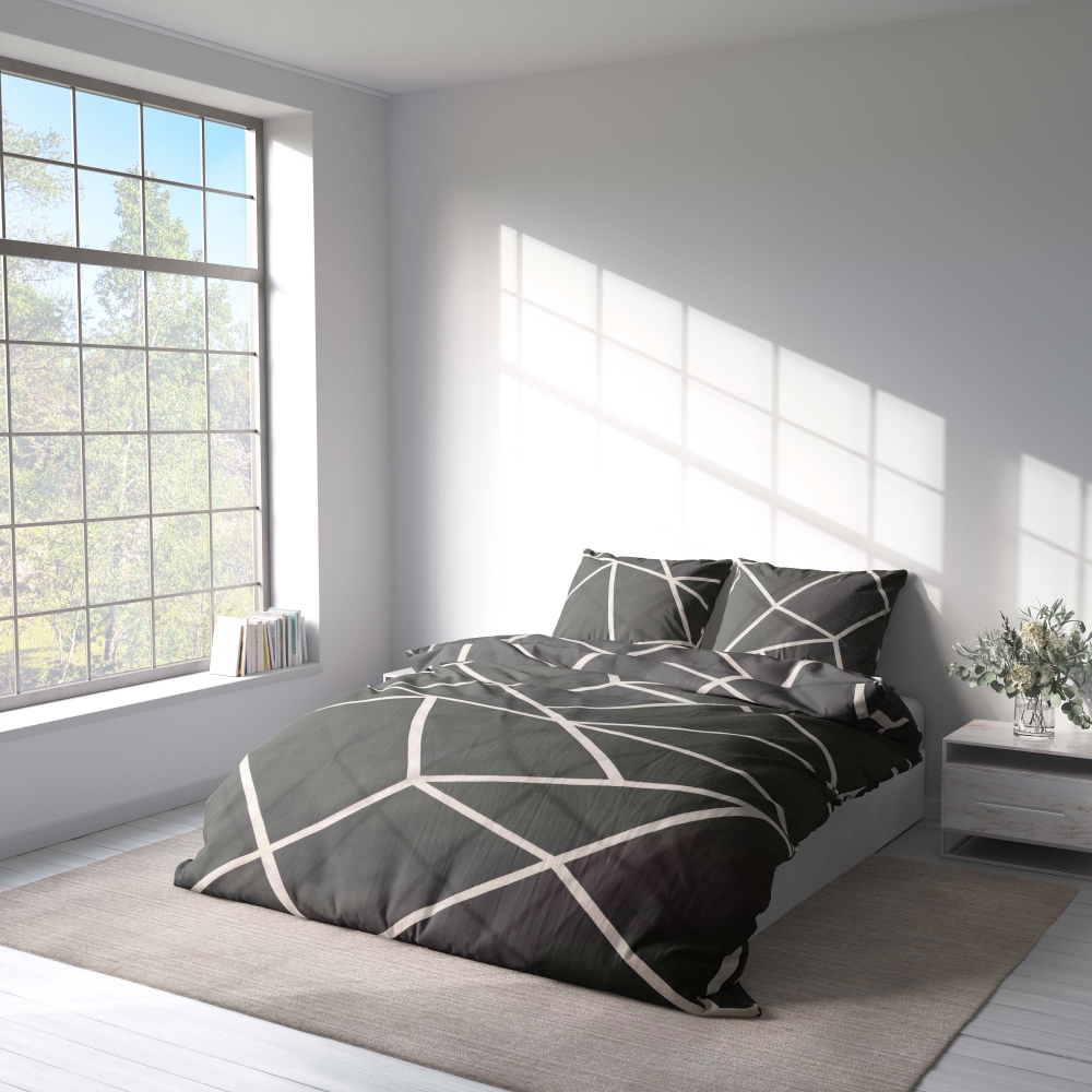 Bedding Set „Infiniel“. Bedding sets 135x200, 140x200 cm, 160x200 cm, 200x200 cm, 200x220 cm, 220x240 cm. Elegant dark grey bedding set on a bed, featuring stylish white lines that add depth and dimension to the design.
