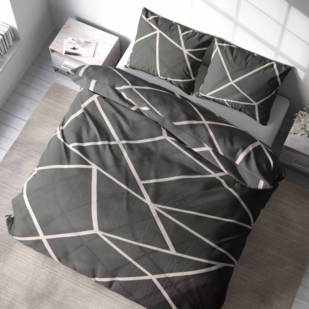 Bedding Set „Infiniel“. Bedding sets 135x200, 140x200 cm, 160x200 cm, 200x200 cm, 200x220 cm, 220x240 cm. Minimalist bedroom with dark grey bedding set, highlighting the crisp white lines that contrast beautifully with the rich grey background.