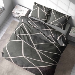 Bedding Set „Infiniel“. Bedding sets 135x200, 140x200 cm, 160x200 cm, 200x200 cm, 200x220 cm, 220x240 cm. Minimalist bedroom with dark grey bedding set, highlighting the crisp white lines that contrast beautifully with the rich grey background.