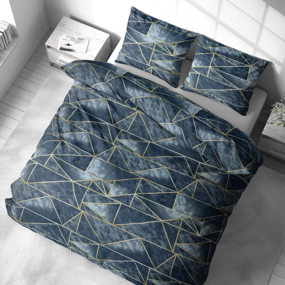 Bedding Set „Isolde“. Bedding sets 155x200, 140x200 cm, 150x200 cm, 160x200 cm, 180x200 cm, 200x200 cm, 200x220 cm, 220x240 cm. Blue bedding with abstract golden line pattern