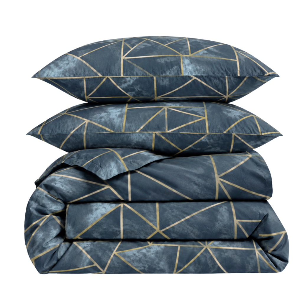 Bedding Set „Isolde“. Bedding sets 155x200, 140x200 cm, 150x200 cm, 160x200 cm, 180x200 cm, 200x200 cm, 200x220 cm, 220x240 cm. Dark blue bedding set with golden geometric lines Bedding Set „Isolde“. Bedding sets 155x200, 140x200 cm, 150x200 cm, 160x200 cm, 180x200 cm, 200x200 cm, 200x220 cm, 220x240 cm. Dark blue bedding set with golden geometric lines