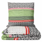 Bedding Set „Italy Wipe“. Green bedding set, 140x200 cm, 200x200 cm, 200x220 cm. Bedding set featuring a vibrant mix of dark green and rose colors, accented with stripes and playful little circles in dark and white.