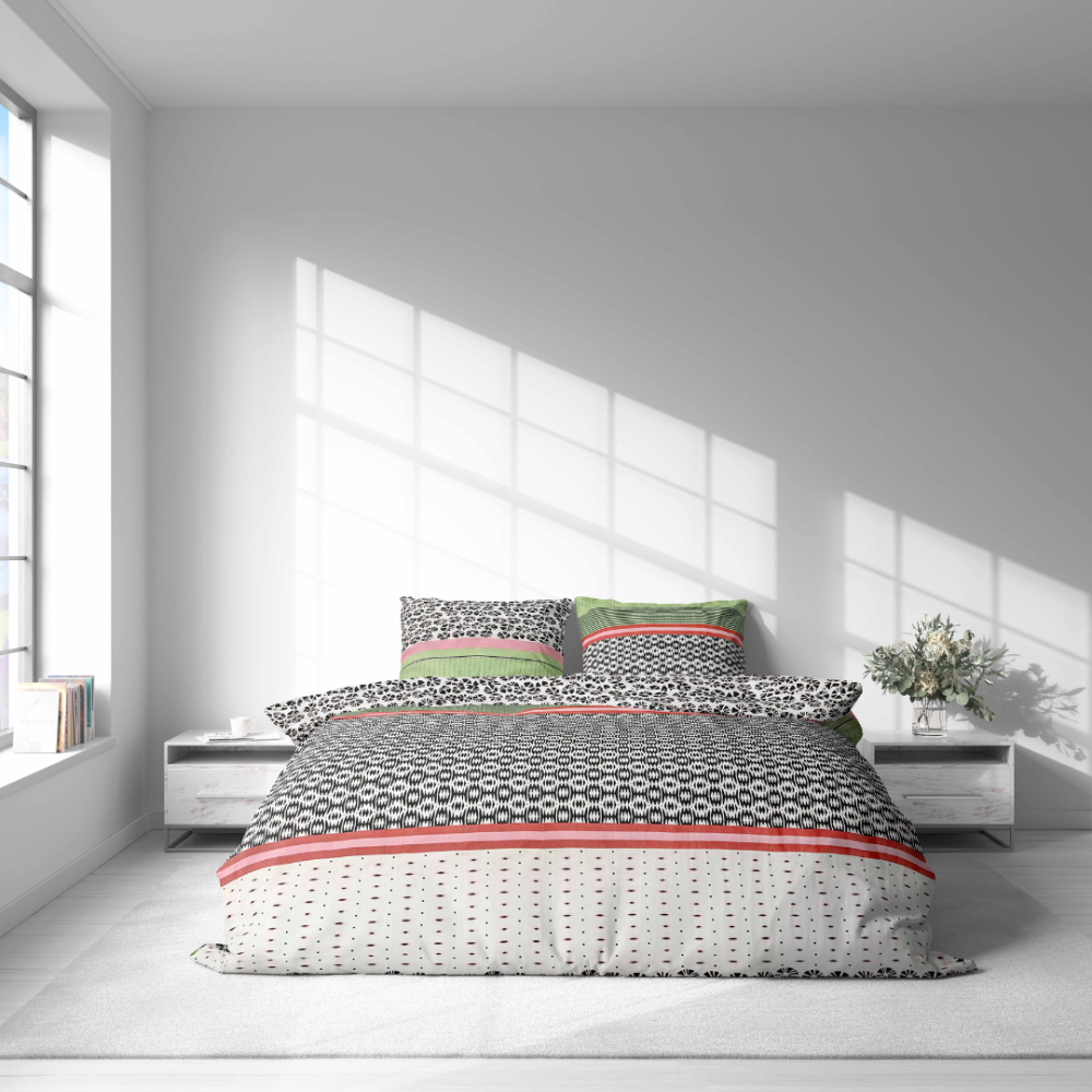 Bedding Set „Italy Wipe“. Green bedding set, 140x200 cm, 200x200 cm, 200x220 cm. Colorful bedding set showcasing a blend of dark green and rose hues, with striped patterns and small dark and white circles for a fun touch.