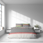 Bedding Set „Italy Wipe“. Green bedding set, 140x200 cm, 200x200 cm, 200x220 cm. Colorful bedding set showcasing a blend of dark green and rose hues, with striped patterns and small dark and white circles for a fun touch.