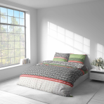 Bedding Set „Italy Wipe“. Green bedding set, 140x200 cm, 200x200 cm, 200x220 cm. Stylish bedding set in rich dark green and rose shades, highlighted by stripes in matching colors and charming circles in dark and white.