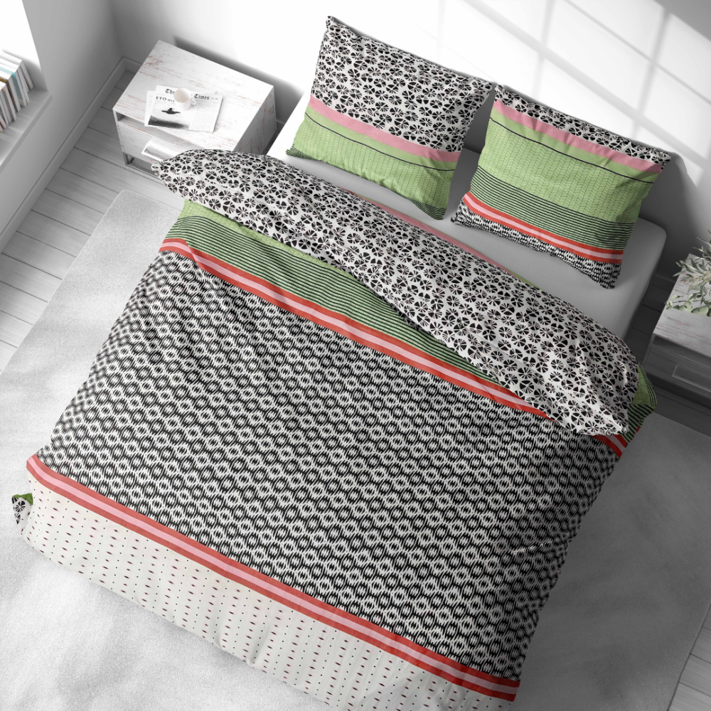 Bedding Set „Italy Wipe“. Green bedding set, 140x200 cm, 200x200 cm, 200x220 cm. Bedding set combining dark green and rose tones, complete with striking stripes and scattered little circles in dark and white for added flair.