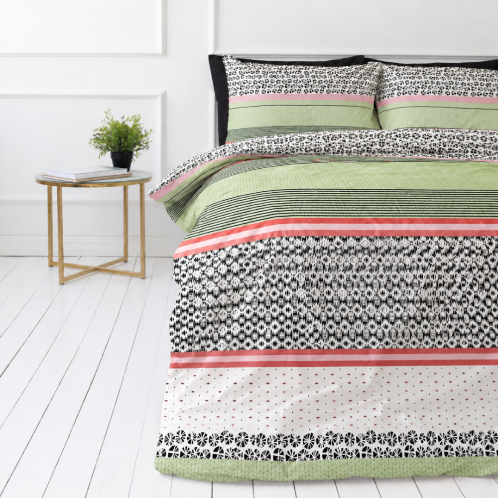 Bedding Set „Italy Wipe“. Green bedding set, 140x200 cm, 200x200 cm, 200x220 cm. Stylish bedding set in rich dark green and rose shades, highlighted by stripes in matching colors and charming circles in dark and white.