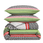 Bedding Set „Italy Wipe“. Green bedding set, 140x200 cm, 200x200 cm, 200x220 cm. Bedding set featuring a vibrant mix of dark green and rose colors, accented with stripes and playful little circles in dark and white.