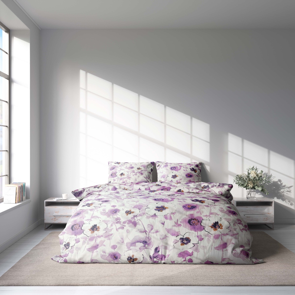 Bedding Set „Jasmine“. Bedding sets 155x200, 140x200 cm, 150x200 cm, 160x200 cm, 180x200 cm, 200x200 cm, 200x220 cm, 220x240 cm. Elegant bedding adorned with purple and white jasmine flowers.