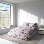 Bedding Set „Jasmine“. Bedding sets 155x200, 140x200 cm, 150x200 cm, 160x200 cm, 180x200 cm, 200x200 cm, 200x220 cm, 220x240 cm. Whitish bedding set featuring delicate purple and white jasmine blooms.