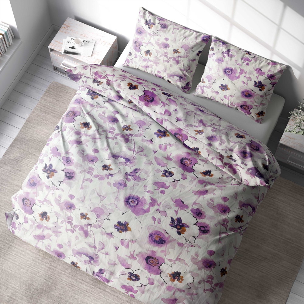 Bedding Set „Jasmine“. Bedding sets 155x200, 140x200 cm, 150x200 cm, 160x200 cm, 180x200 cm, 200x200 cm, 200x220 cm, 220x240 cm. Tranquil bedding with purple and white jasmine flowers on white.
