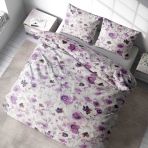 Bedding Set „Jasmine“. Bedding sets 155x200, 140x200 cm, 150x200 cm, 160x200 cm, 180x200 cm, 200x200 cm, 200x220 cm, 220x240 cm. Tranquil bedding with purple and white jasmine flowers on white.