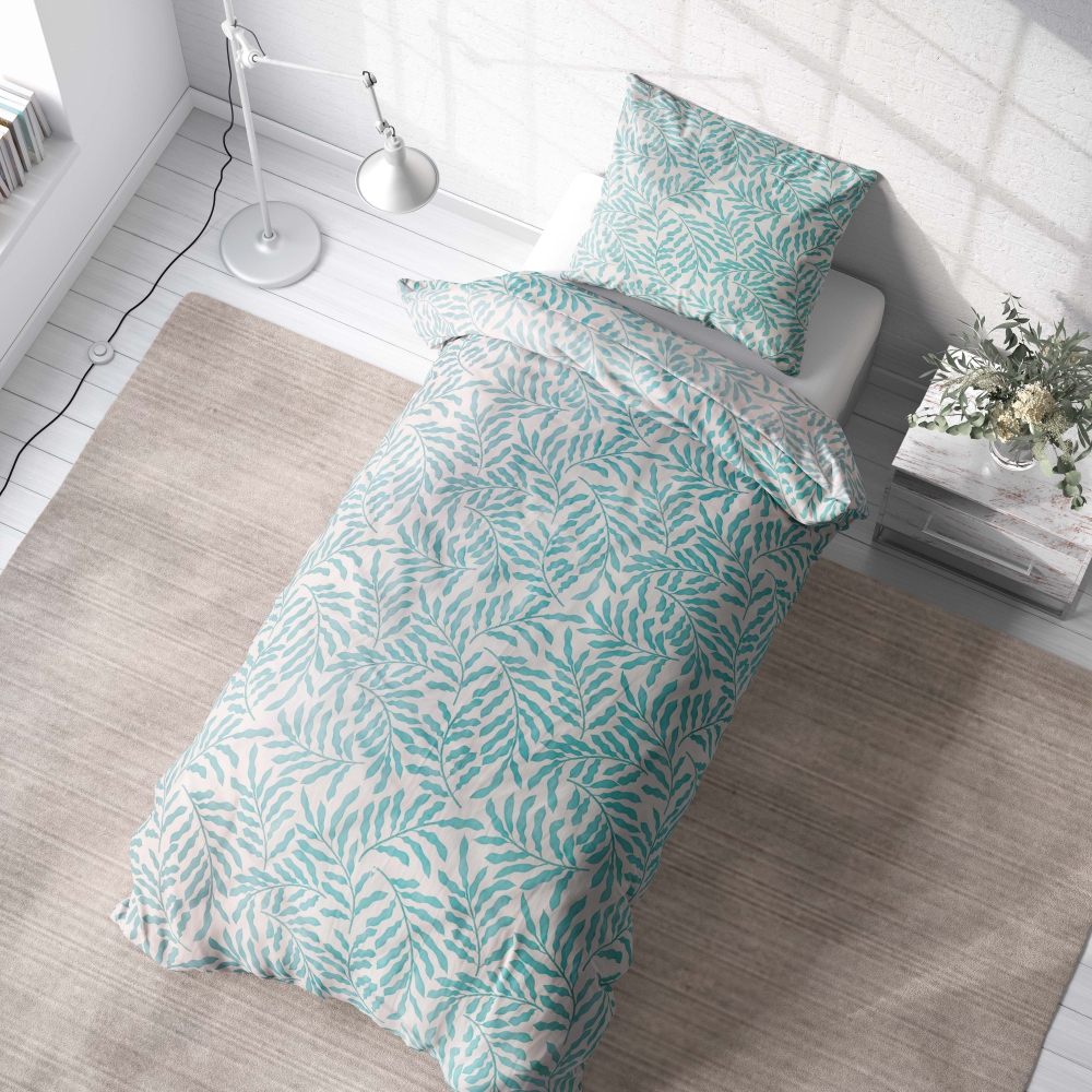 Single bedding set „Lagoon“. Patterned bedding sets, 140x200 cm. Stylish light bedding set with light grey jungle leaves, adding a gentle and refreshing natural design.