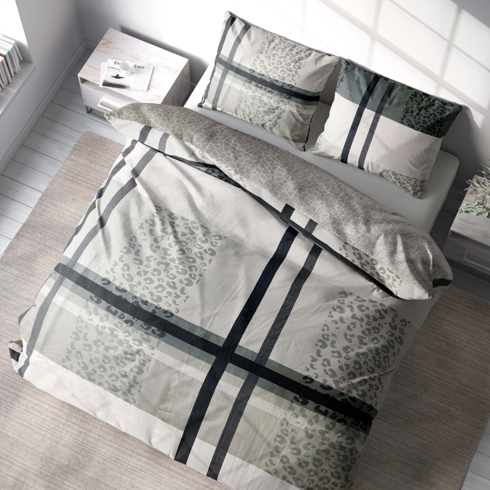 Bedding Set „Lane Luxe“. Microfiber bedding sets, 140x200 cm. Contemporary bedding design showcasing intersecting grid patterns with a touch of leopard print flair