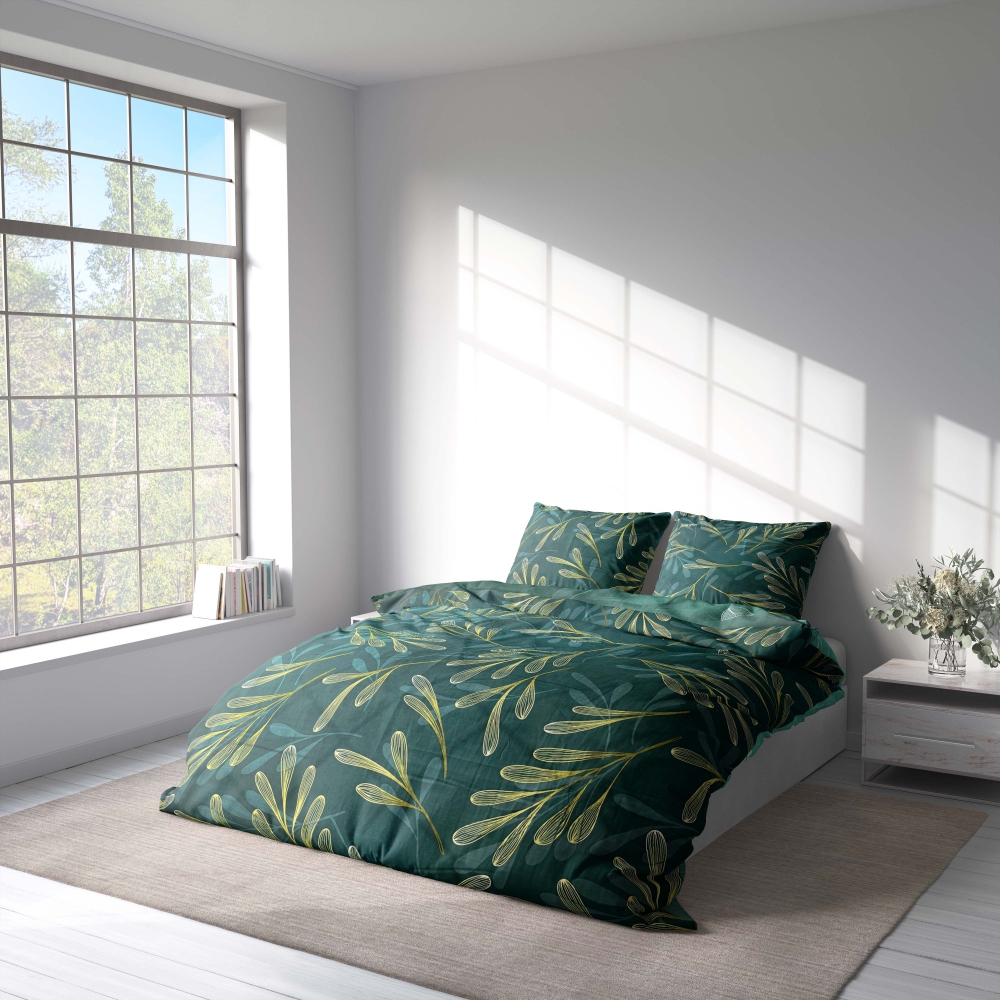 Bedding Set „Laurel“. Microfiber bedding sets, 140x200 cm, 200x200 cm, 200x220 cm. Transform your bedroom with this dark green bedding set adorned with delicate leaf patterns