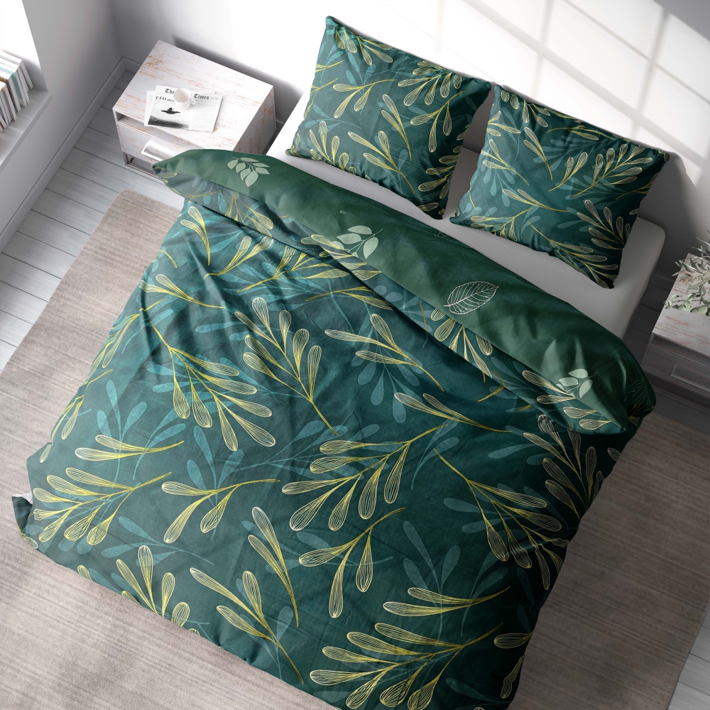 Bedding Set „Laurel“. Microfiber bedding sets, 140x200 cm, 200x200 cm, 200x220 cm. Elevate your sleep space with this lush dark green bedding set, adorned with botanical motifs