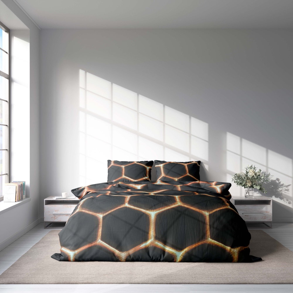 Bedding Set „Lavahive“. Black bedding sets, 140x200 cm, 150x200 cm, 160x200 cm, 180x200 cm, 200x200 cm, 200x220 cm. Stylish black bedding set featuring hive-like sparks design.