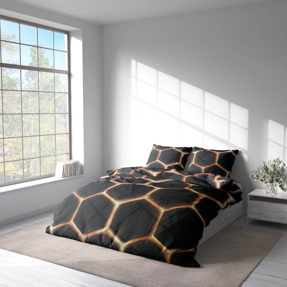 Bedding Set „Lavahive“. Black bedding sets, 140x200 cm, 150x200 cm, 160x200 cm, 180x200 cm, 200x200 cm, 200x220 cm. Bedding set design on black background resembling sparks.