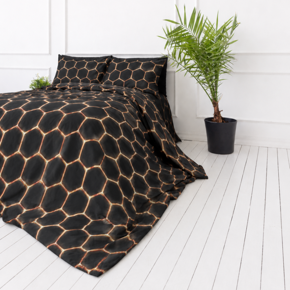 Bedding Set „Lavahive“. Black bedding sets, 140x200 cm, 150x200 cm, 160x200 cm, 180x200 cm, 200x200 cm, 200x220 cm. Bedding set design on black background resembling sparks. Bedding Set „Lavahive“. Black bedding sets, 140x200 cm, 150x200 cm, 160x200 cm, 180x200 cm, 200x200 cm, 200x220 cm. Bedding set design on black background resembling sparks.