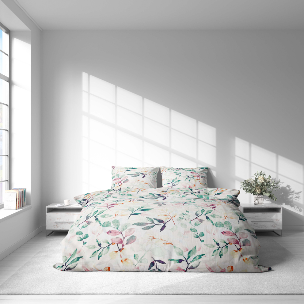 Bedding Set „Leaves Pastel“. Pink bedding, 140x200 cm, 200x200 cm, 200x220 cm. Bedding set with a subtle floral and botanical pattern – a perfect choice to decorate your bedroom with elegance and freshness.