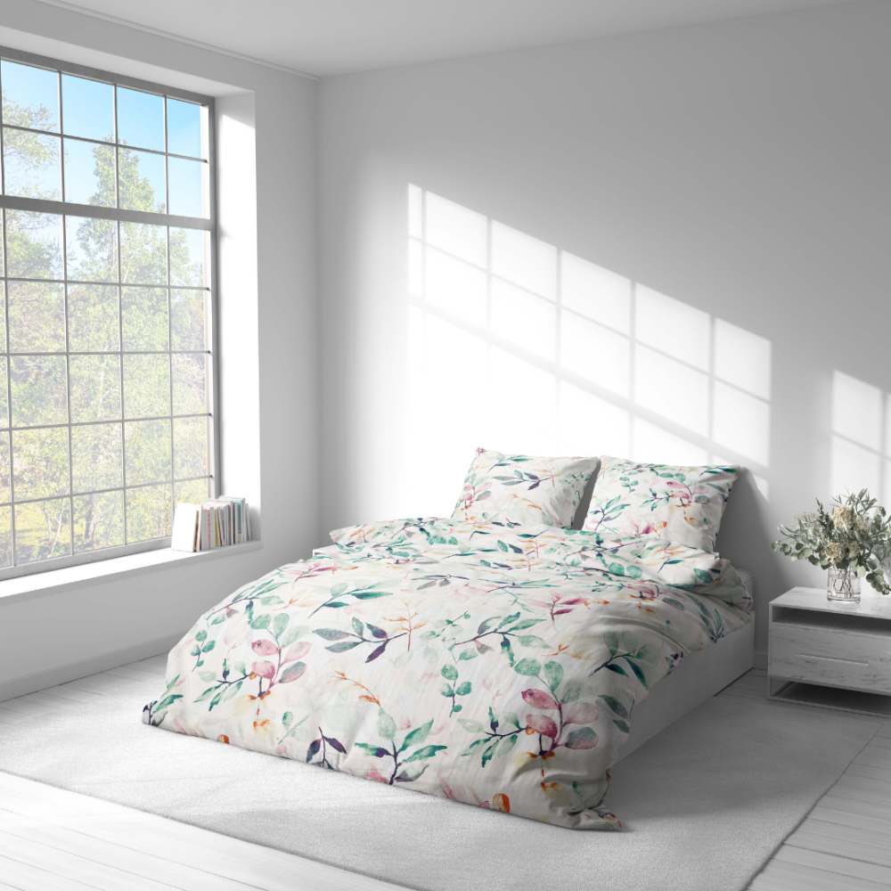 Bedding Set „Leaves Pastel“. Pink bedding, 140x200 cm, 200x200 cm, 200x220 cm. Bedding set with a subtle floral and botanical pattern – an excellent choice for adding elegant and fresh style to your bedroom.