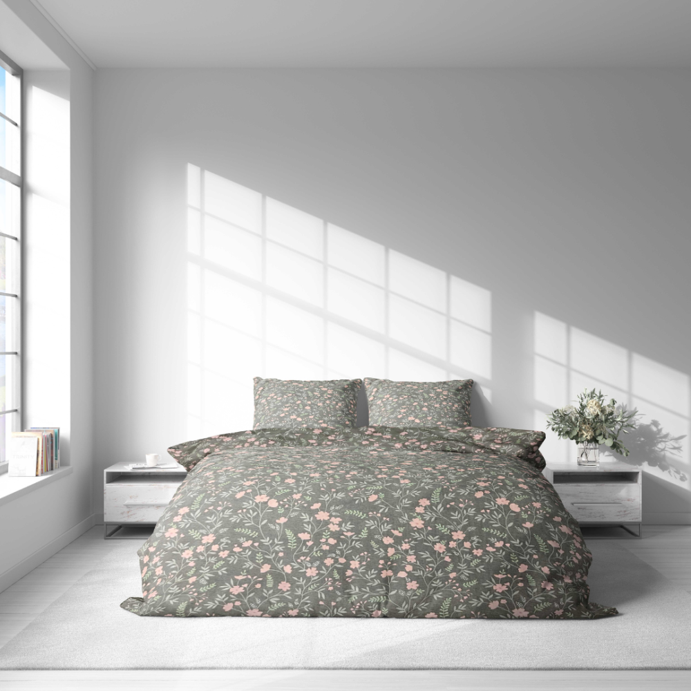 Bedding Set „Levada“. Gray bedding sets, 140x200 cm, 200x200 cm, 200x220 cm. Elegant grey bedding set adorned with tiny pink details and green leaves, creating a harmonious and inviting atmosphere.