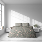 Bedding Set „Levada“. Gray bedding sets, 140x200 cm, 200x200 cm, 200x220 cm. Elegant grey bedding set adorned with tiny pink details and green leaves, creating a harmonious and inviting atmosphere.