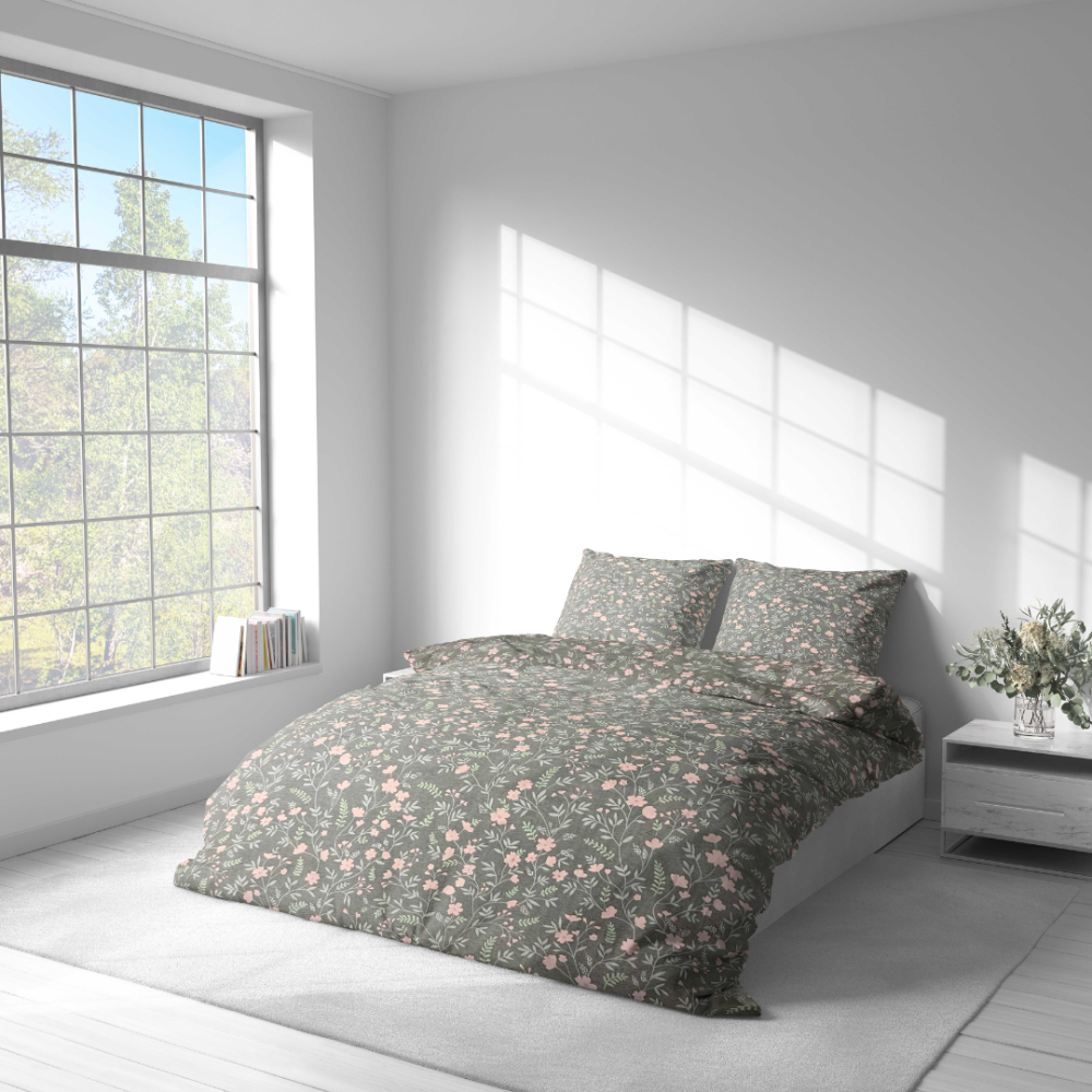 Bedding Set „Levada“. Gray bedding sets, 140x200 cm, 200x200 cm, 200x220 cm. Grey bedding set featuring subtle pink hues and green leaf patterns, perfect for a soothing and stylish sleeping space.