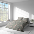 Bedding Set „Levada“. Gray bedding sets, 140x200 cm, 200x200 cm, 200x220 cm. Grey bedding set featuring subtle pink hues and green leaf patterns, perfect for a soothing and stylish sleeping space.