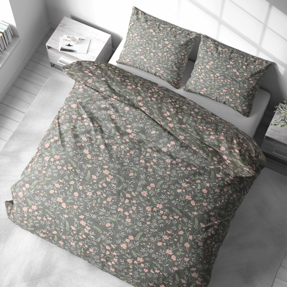 Bedding Set „Levada“. Gray bedding sets, 140x200 cm, 200x200 cm, 200x220 cm. Bedding set in a calming grey shade with playful pink and green leaf designs, ideal for a cozy and cheerful bedroom.