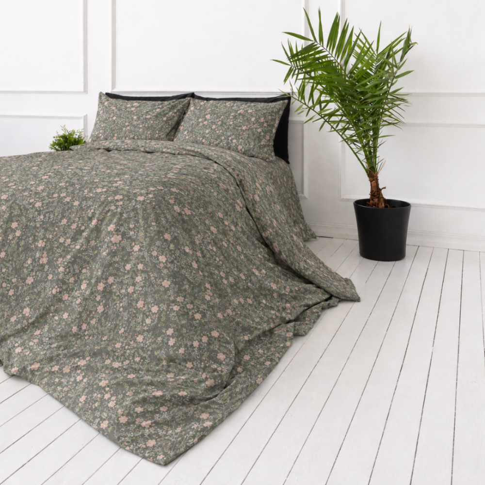 Bedding Set „Levada“. Gray bedding sets, 140x200 cm, 200x200 cm, 200x220 cm. Elegant grey bedding set adorned with tiny pink details and green leaves, creating a harmonious and inviting atmosphere. Bedding Set „Levada“. Gray bedding sets, 140x200 cm, 200x200 cm, 200x220 cm. Elegant grey bedding set adorned with tiny pink details and green leaves, creating a harmonious and inviting atmosphere.