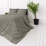 Bedding Set „Levada“. Gray bedding sets, 140x200 cm, 200x200 cm, 200x220 cm. Elegant grey bedding set adorned with tiny pink details and green leaves, creating a harmonious and inviting atmosphere. Bedding Set „Levada“. Gray bedding sets, 140x200 cm, 200x200 cm, 200x220 cm. Elegant grey bedding set adorned with tiny pink details and green leaves, creating a harmonious and inviting atmosphere.