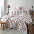 Bedding Set „Lesley Orange“. Patterned bedding sets, 140x200 cm, 200x200 cm, 200x220 cm. White bedding set featuring country flowers in shades of grey, orange, violet, and brown, adding a rustic charm to your space.