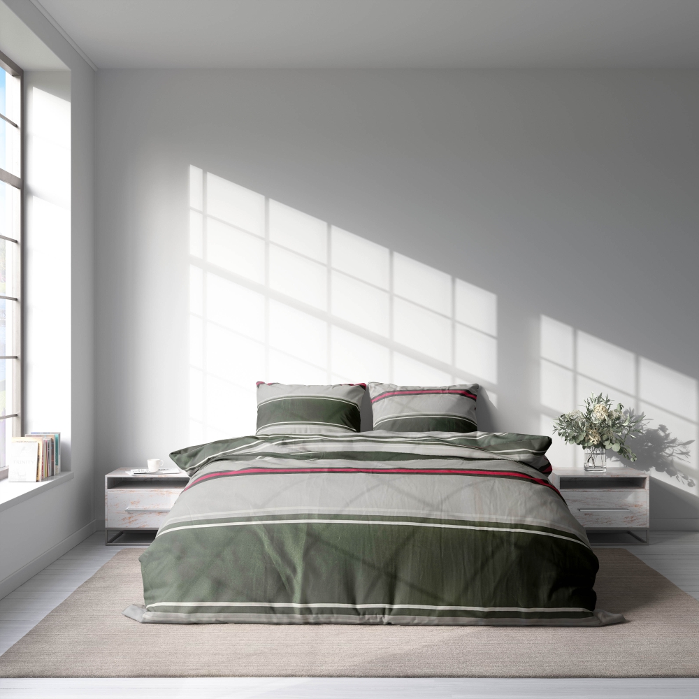 Bedding Set „Linear“. Patterned bedding sets, 140x200 cm, 150x200 cm, 160x200 cm, 180x200 cm, 200x200 cm, 200x220 cm. Modern bedding set featuring horizontal thick stripes in dark green, grey, and rose, perfect for a stylish and cozy bedroom.