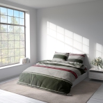 Bedding Set „Linear“. Patterned bedding sets, 140x200 cm, 150x200 cm, 160x200 cm, 180x200 cm, 200x200 cm, 200x220 cm. Elegant bedding set with bold horizontal stripes in dark green, grey, and rose, designed to enhance any bedroom decor.