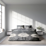 Bedding Set „Lipstick“. Bedding sets 135x200, 140x200 cm, 180x200 cm, 200x220 cm. Stylish grey bedding set featuring light and dark grey lipstick patterns, perfect for a trendy and modern bedroom look.
