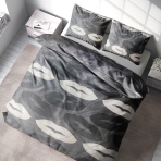 Bedding Set „Lipstick“. Bedding sets 135x200, 140x200 cm, 180x200 cm, 200x220 cm. Elegant grey bedding set adorned with light and dark grey lipstick designs, bringing a unique and fashionable flair to your space.