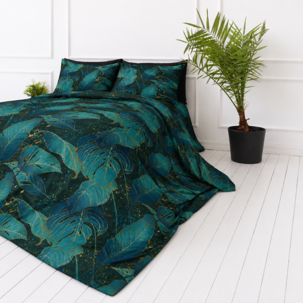Bedding Set „Luminare“. Bedding sets 155x200, 140x200 cm, 150x200 cm, 160x200 cm, 180x200 cm, 200x200 cm, 200x220 cm, 220x240 cm. Emerald bedding with large blue-green leaves.