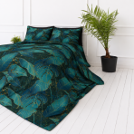 Bedding Set „Luminare“. Bedding sets 155x200, 140x200 cm, 150x200 cm, 160x200 cm, 180x200 cm, 200x200 cm, 200x220 cm, 220x240 cm. Emerald bedding with large blue-green leaves.