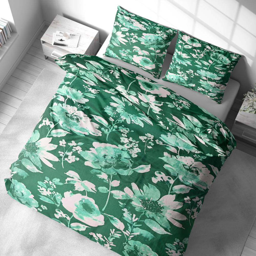 Bedding Set „Lush Green“. Bedding sets 155x200, 140x200 cm, 150x200 cm, 160x200 cm, 180x200 cm, 200x200 cm, 200x220 cm, 220x240 cm. Green background with white flowers – an elegant choice for the bedroom, bringing freshness and harmony.