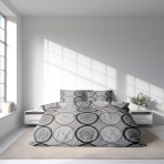 Bedding Set „Mandala“. Bedding sets 135x200, 140x200 cm, 200x200 cm, 200x220 cm. Grey bedding set decorated with intricate grey, white, and black mandala designs, creating a serene and elegant atmosphere in your bedroom.
