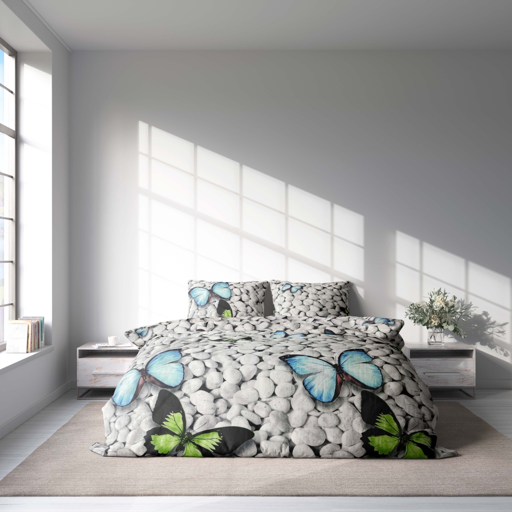 Bedding Set „Mass“. Microfiber bedding sets, 140x200 cm, 150x200 cm, 160x200 cm, 180x200 cm, 200x200 cm, 200x220 cm. Bedding set design featuring white rocks and blue-green butterflies.