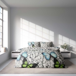 Bedding Set „Mass“. Microfiber bedding sets, 140x200 cm, 150x200 cm, 160x200 cm, 180x200 cm, 200x200 cm, 200x220 cm. Bedding set design featuring white rocks and blue-green butterflies.