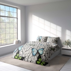 Bedding Set „Mass“. Microfiber bedding sets, 140x200 cm, 150x200 cm, 160x200 cm, 180x200 cm, 200x200 cm, 200x220 cm. Light-colored rocks and fluttering butterflies adorn this bedding.