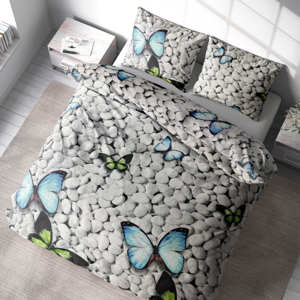 Bedding Set „Mass“. Microfiber bedding sets, 140x200 cm, 150x200 cm, 160x200 cm, 180x200 cm, 200x200 cm, 200x220 cm. Tranquil bedding set with white rocks and fluttering butterflies.