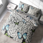 Bedding Set „Mass“. Microfiber bedding sets, 140x200 cm, 150x200 cm, 160x200 cm, 180x200 cm, 200x200 cm, 200x220 cm. Tranquil bedding set with white rocks and fluttering butterflies.