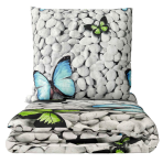 Bedding Set „Mass“. Microfiber bedding sets, 140x200 cm, 150x200 cm, 160x200 cm, 180x200 cm, 200x200 cm, 200x220 cm. Whimsical bedding set with white rocks and green butterflies.