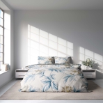 Bedding Set „Melody“. Patterned bedding sets, 140x200 cm, 200x200 cm, 200x220 cm. White bedding set adorned with blue and grey flowers, offering a serene and stylish floral pattern.