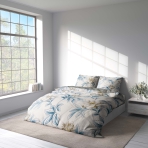 Bedding Set „Melody“. Patterned bedding sets, 140x200 cm, 200x200 cm, 200x220 cm. Elegant white bedding set featuring delicate blue and grey flowers, perfect for a calming bedroom decor.